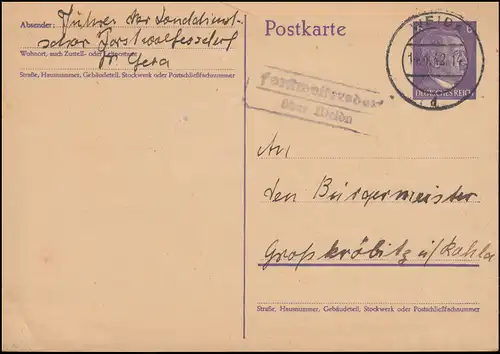Landpost-Stempel Forstwolfersdorf über WEIDA 14.4.1942 auf Psotkarte P 299I