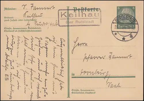 Landpost-Stempel Keilhau über RUDOLSTADT 23.1.1934 auf Postkarte P 218I