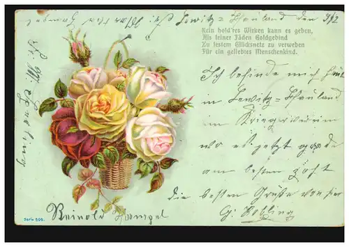 Blumen-AK Rosen, LEWITZ 10.2.1902 über GRUNEWALD 11.2. nach HALENSEE 11.2.02