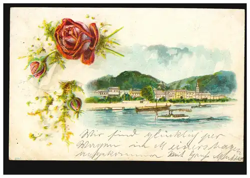Blumen-AK Rose / Hafenlandschaft, GNARRENBURG 8.4.1901 nach VEGESACK 9.4.01