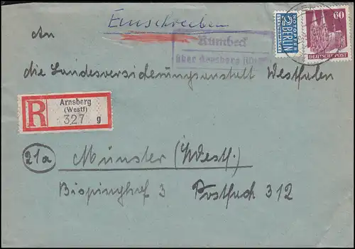 Landpost-Stempel Rumbeck über Arnsberg (Westf.) R-Brief 29.3.1952 nach Münster