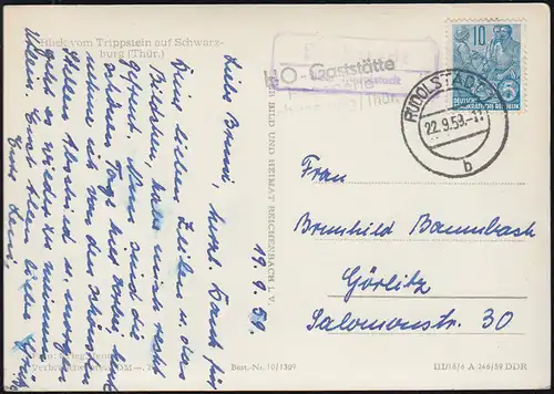 Landpost-Stempel Bechstedt über RUDOLSTADT 22.9.1959 auf AK Schwarzburg/Thür.