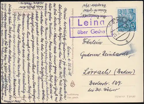 Landpost-Stempel Leina über GOTHA 2 - 25.2.1958 auf AK Grödener Dolomiten