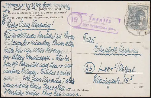 Landpost-Stempel Tornitz über SCHÖNEBECK (ELBE) 6.1.1948 auf AK Bernburger Tor