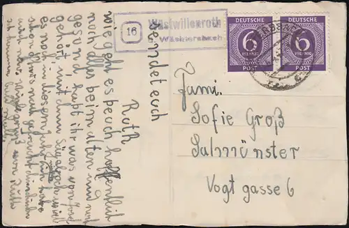 Landpost-Stempel Wüstwillenroth über WÄCHTERSBACH um 1947 auf Oster-AK