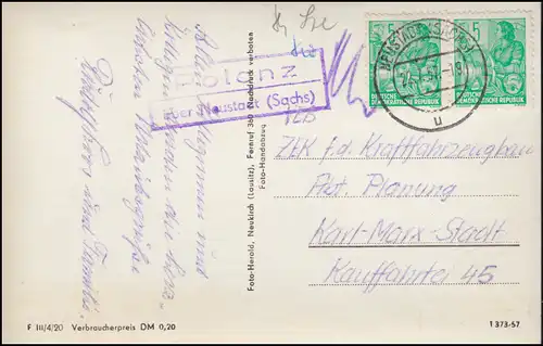 Landpost-Stempel Polenz über NEUSTADT (SACHSEN) 22.7.1957 auf passender AK