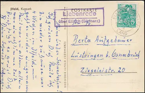 Landpost-Stempel Liebenrode über ELLRICH (SÜDHARZ) LAND 2.9.1960 auf AK Jlfeld