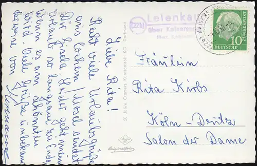 Landpost-Stempel Leienkaul über KAISERSESCH 4.10.1958 auf AK Cochem an der Mosel