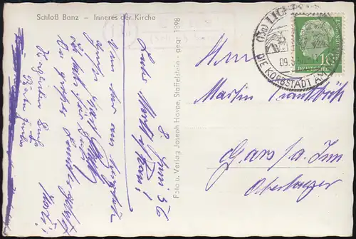 Landpost-Stempel Banz (Schloss Banz) auf AK Kirche, SSt LICHTENFELS 9.6.1958