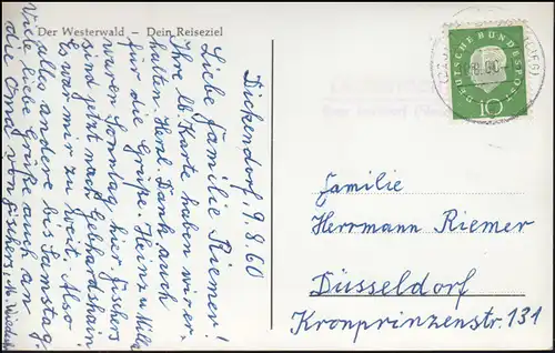 Landpost-Stempel Dickendorf über BETZDORF (SIEG) 10.8.1960 auf AK Der Westerwald