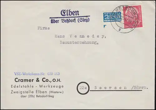 Temple de la poste de campagne Elben sur BETZDORF (SIEG) 5.12.1954 sur lettre