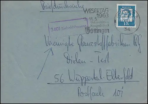 Landpost-Stempel 3401 Sieboldshausen auf Briefdrucksache GÖTTINGEN 23.4.1963