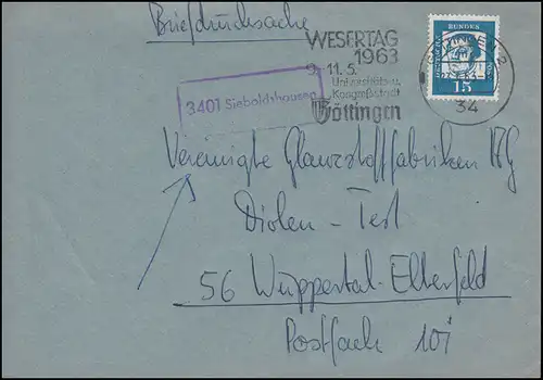 Temple de Landpost 3401 Sieboldshausen sur l'impression de lettres GÖTTINGEN 23.4.1963