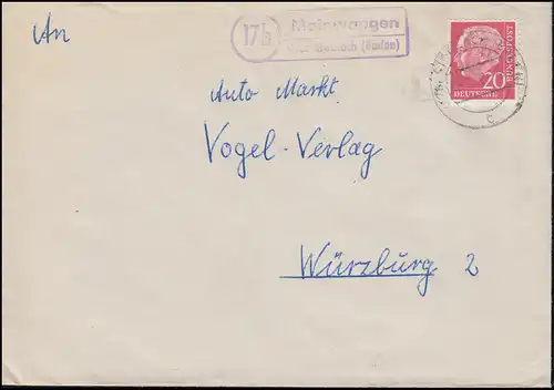 Landpost-Stempel Mainwangen über STECKACH (BADEN) 1958 auf Brief