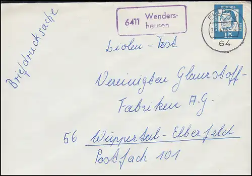 Landpost-Stempel 6411 Wendershausen auf Briefdrucksache FULDA 1 - 29.4.1963