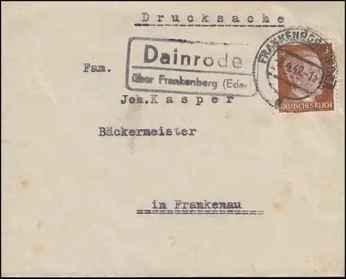 Landpost-Stempel Dainrode über FRANKENBERG (EDER) 2.4.1942 auf Drucksache