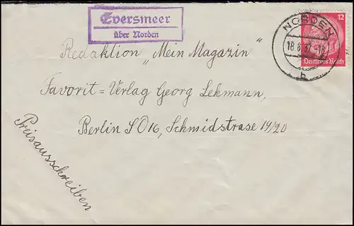 Temple de la poste de campagne Eversmeer sur le NORD 18.6.1937 sur lettre