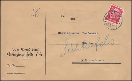 Landpost-Stempel Kleinzeigenfeld über SCHESSLITZ 7.10.1936 auf Dienstbrief