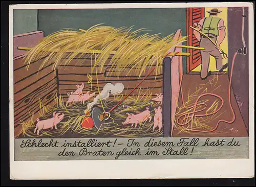 Karikatur-AK Schlecht installiert! - Infrarotstrahler im Schweinestall, 6.5.1957