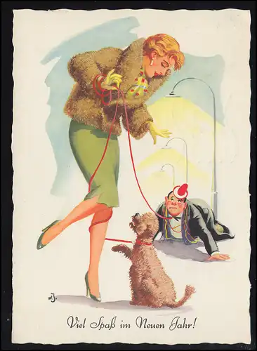 Caricature AK femme avec chien ET homme sur la ligne, BREMEN 29.12.1961