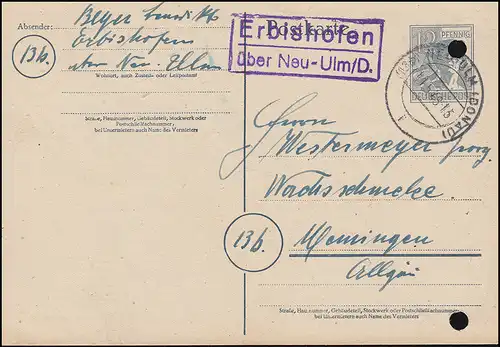 Pays-Bas Erbishofen via NOUVEAU-ULM (DONAU) 11.5.1948 sur carte postale P 962a