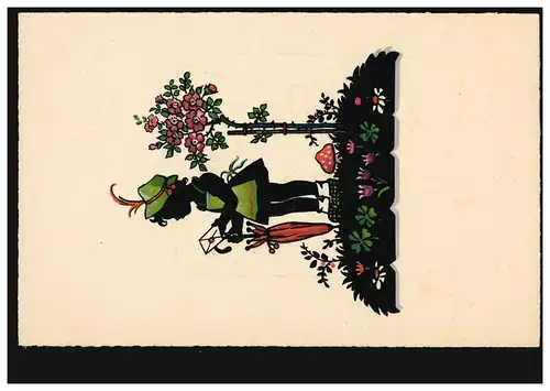 Filles de coupe de ciseaux AK comme un facteur de messager Parapluie fleurs champignon mouche, non utilisé