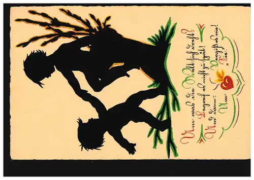 Scherenschnitt-AK Sinn des Lebens - First Date - Herz Symbol, ungebraucht