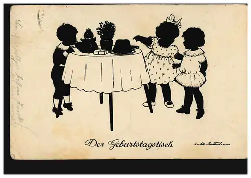 Scherenschnitt-AK Der Geburtstagstisch, Verlag G.K.V. Berlin, RHEYDT 23.6.1926
