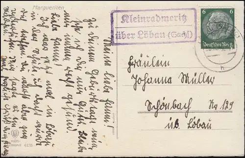 Landpost-Stempel Kleinradmeritz über LÖBAU (SACHSEN) 1940 auf Blumen-AK