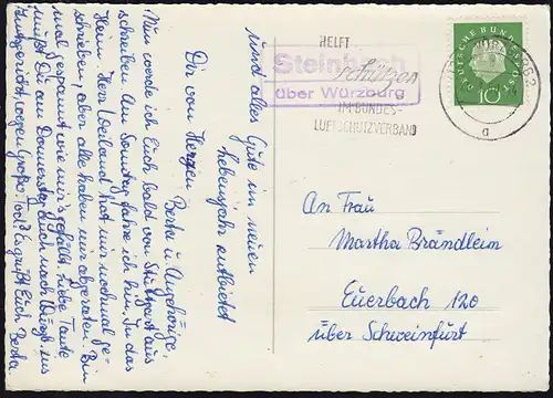 Temple de Landpost Steinbach sur WÜRZBURG 28.1.1960 sur l'AK anniversaire