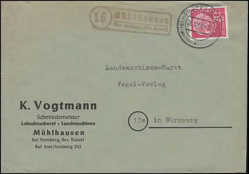 Landpost-Stempel Mühlhausen über HOMBERG (BZ. KASSEL) 28.10.1958 auf Brief