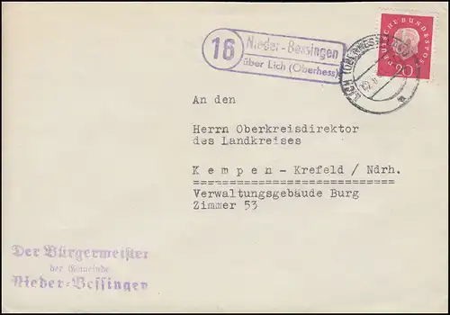 Le temple de la poste de campagne Nieder-Bessingen sur LUMIÈRE (SUPERFICIE) 12.5.1961 sur lettre