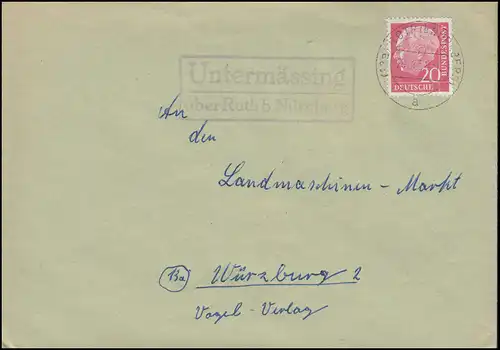 Le temple de la poste de campagne Unterbähing sur ROTH (près de NÜRNBERG) 28.4.1958 sur lettre