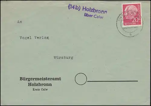 Landpost-Stempel Holzbronn über CALW 5.11.1958 auf Brief