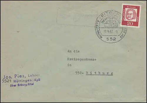 Le temple de la poste de Landpost Hüttingen-Kyll sur lettre SSt BITBURG La fontaine de bière 11.9.1963