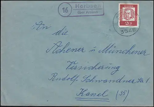 Landpost-Stempel Herbsen über AROLSEN 13.6.1962 auf Brief