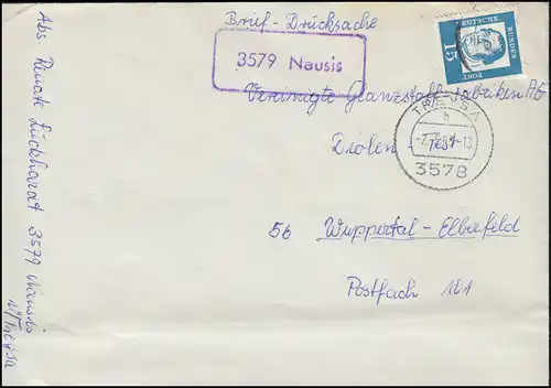 Landpost-Stempel 3579 Nausis auf Drucksache TREYSA 2.5.1963