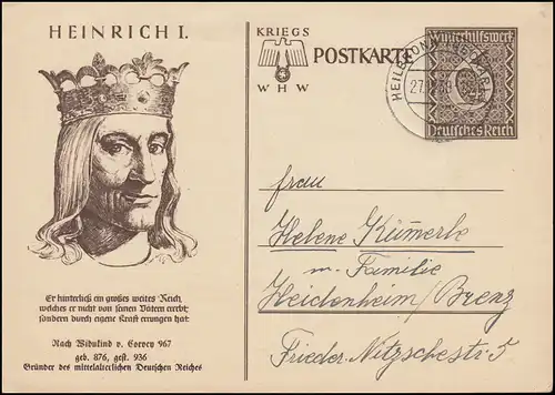 P 285 WHW 1939 - Heinrich I., HEILBRONN (NECKAR) 27.12.1939 à Heidenheim