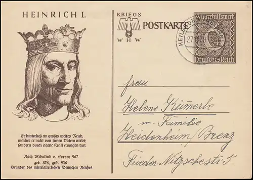 P 285 WHW 1939 - Heinrich I., HEILBRONN (NECKAR)27.12.1939 nach Heidenheim