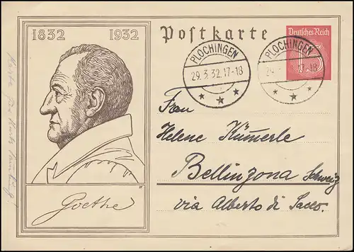 P 214 Mort de Wolfgang von Goethe 12 Pf. rouge, PLOCHINGEN 29.3.1932