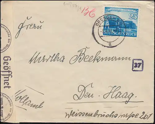 Zensur Oberkommando der Wehrmacht Brief mit 724 EF DRESDEN 3.4.41 nach Den Haag
