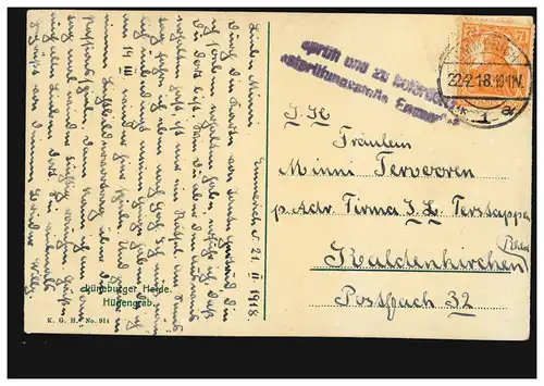 AK Lüneburger Heide: Hünengrab, Zensur EMMERICH 22.2.1918