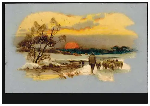 Künstler-AK Abendstimmung im Winter Schäfer mit Herde, MÜNCHEN 8.6.1908