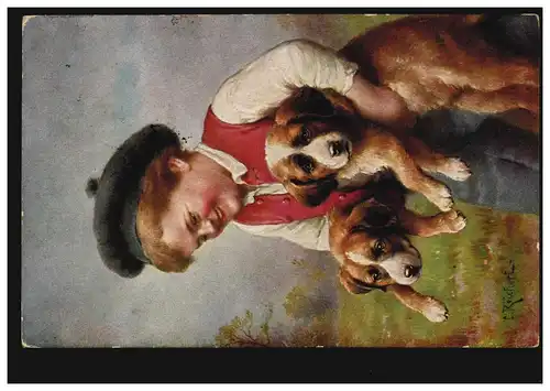Künstler-AK C. Reichert: Junge mit zwei Hundewelpen, CÖLN 23.8.1913
