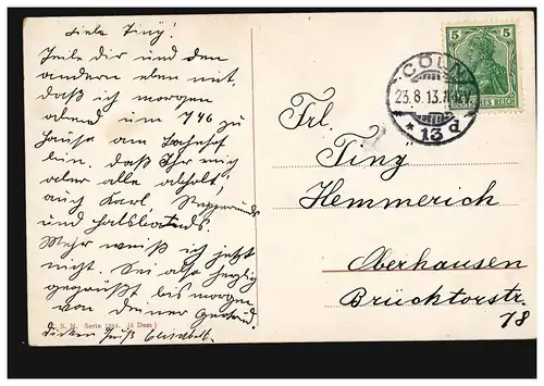 Künstler-AK C. Reichert: Junge mit zwei Hundewelpen, CÖLN 23.8.1913