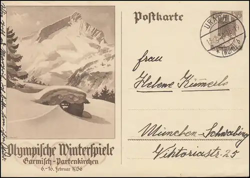 P 257 Olympia Winterspiele Garmsich-Partenkirchen 1936, URACH 13.3.36 n. München