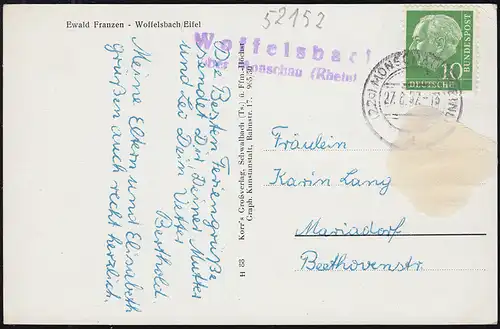 Landpost-Stempel Woffelsbach über MONSCHAU 27.8.1957 auf passender AK