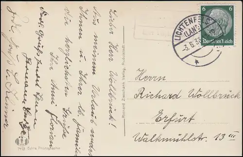 Landpost-Stempel Grundfeld über LICHTENFELS (LAND) 3.6.1936 auf AK Maintal