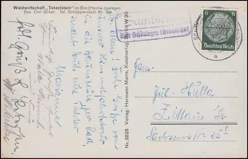 Landpost-Stempel Sambleben übr SCHÖNINGEN (BRAUNSCHWEIG) 1938 auf AK