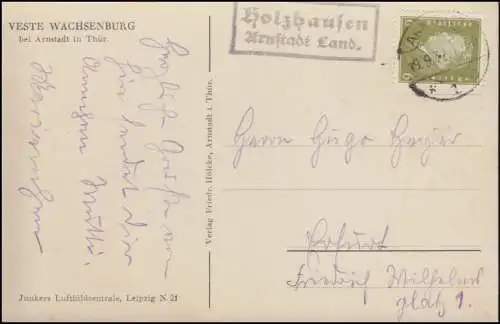 Landpost-Stempel Holzhausen Arnstadt Land. 19.9.1939 auf AK Veste Wachsenburg